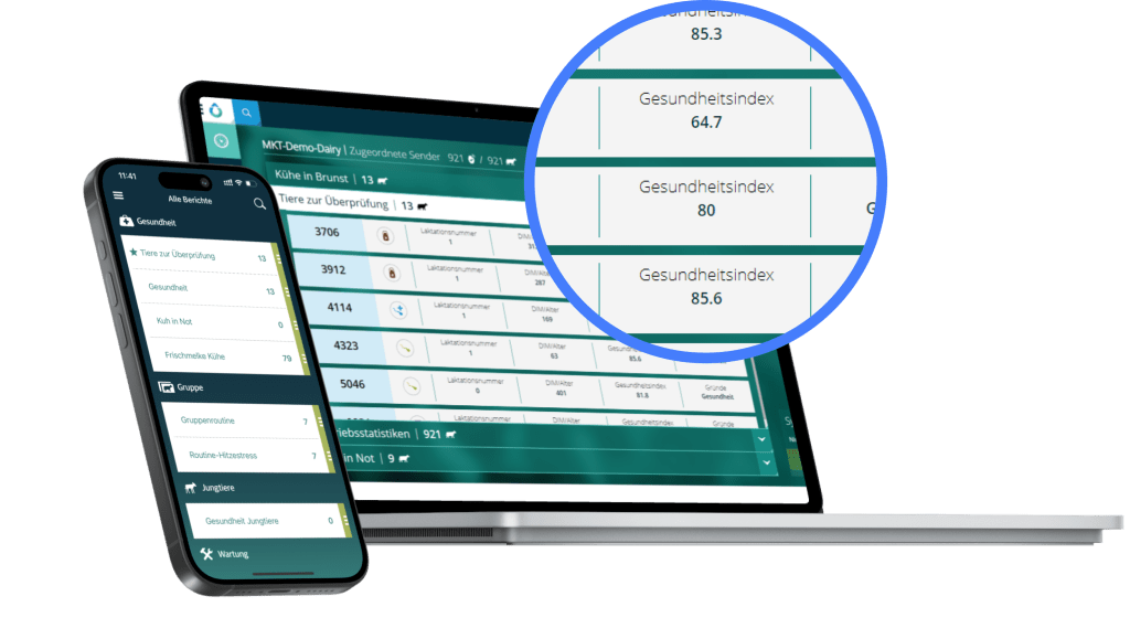 SenseHub Dairy Daten werden auf dem Bildschirm von Telefon und Laptop angezeigt